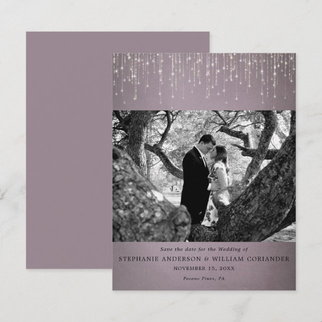 Sparkling Lights Mauve Photo Save the Date Invitation (Front/Back)
