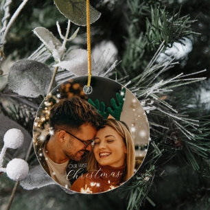 Sparkling Lights Our First Christmas Round Photo Ceramic Ornament