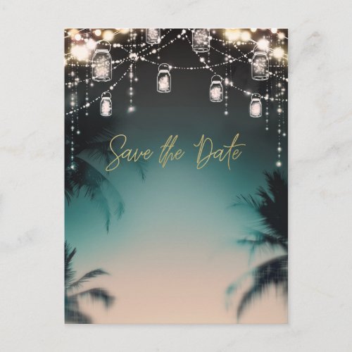 Sparkling Lights Palm Trees Beach Save the Date Announcement Postcard