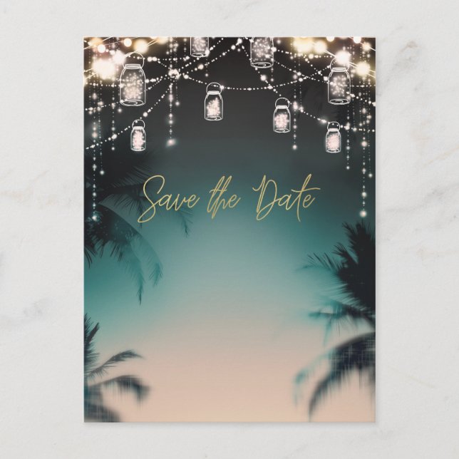 Sparkling Lights Palm Trees Beach Save the Date Announcement Postcard (Front)