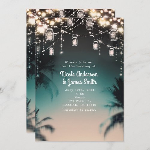 Sparkling Lights Palm Trees Elegant Beach Wedding Invitation