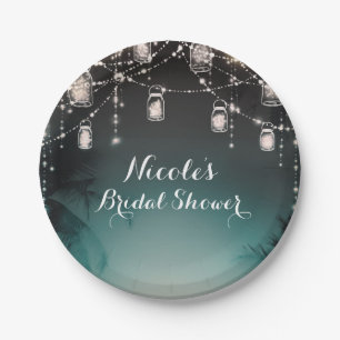 Sparkling Lights Palm Trees Elegant Beach Wedding Paper Plates