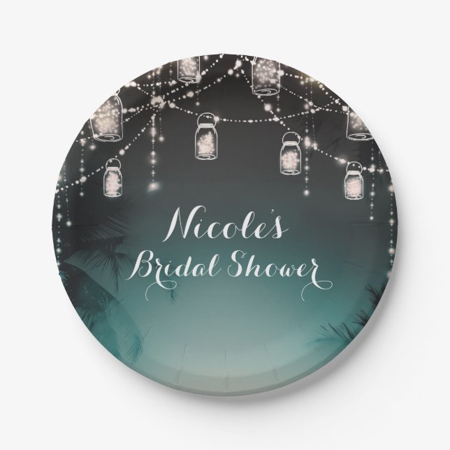 Sparkling Lights Palm Trees Elegant Beach Wedding Paper Plates (Front)