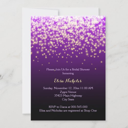 Sparkling lights purple wedding bridal shower invitation