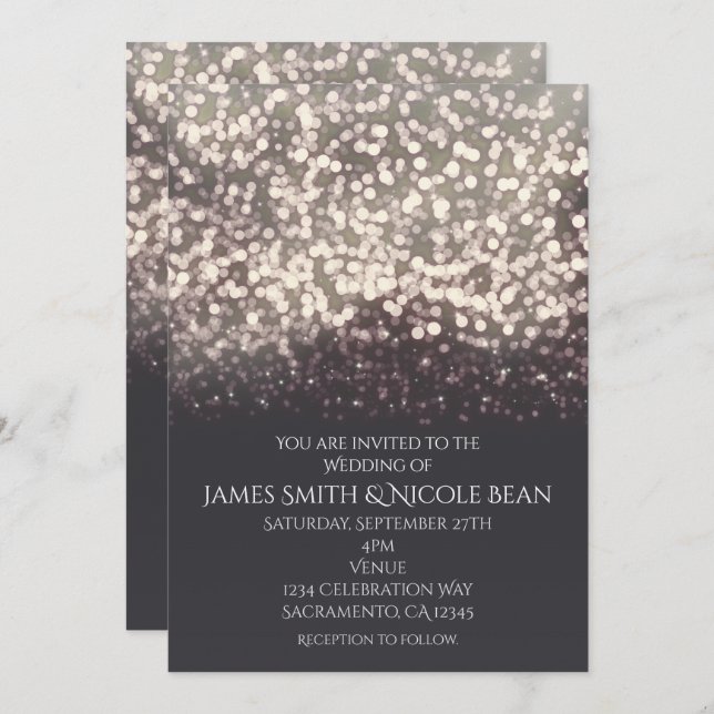 Sparkling Lights Romantic Modern Grey Wedding Invitation (Front/Back)