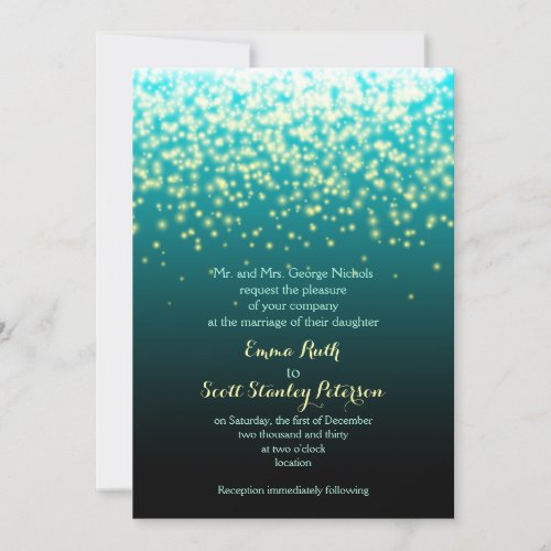 Sparkling lights teal blue and aqua wedding invitation