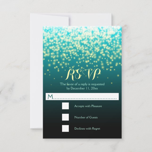 Sparkling lights teal blue and aqua wedding RSVP (Front)