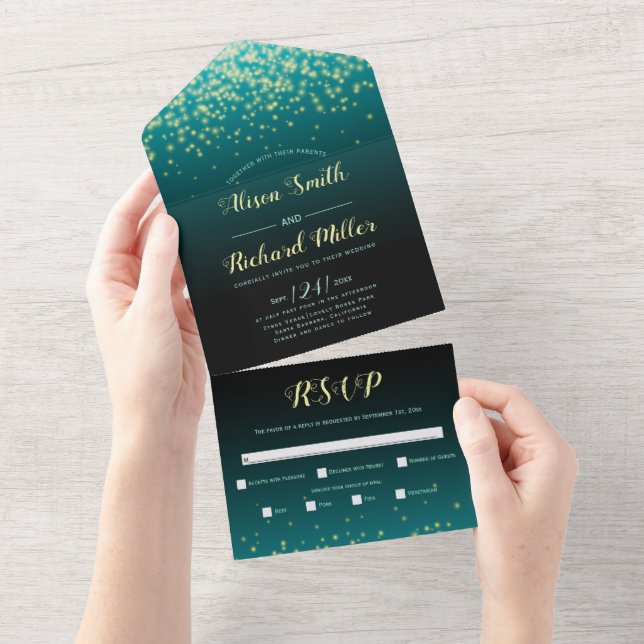 Sparkling lights teal blue winter night wedding all in one invitation (Tearaway)