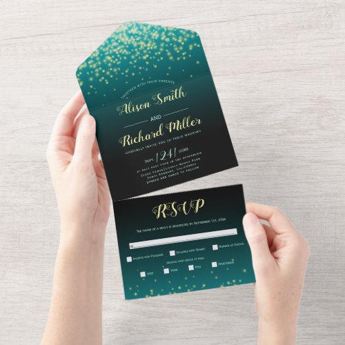 Sparkling lights teal blue winter night wedding all in one invitation