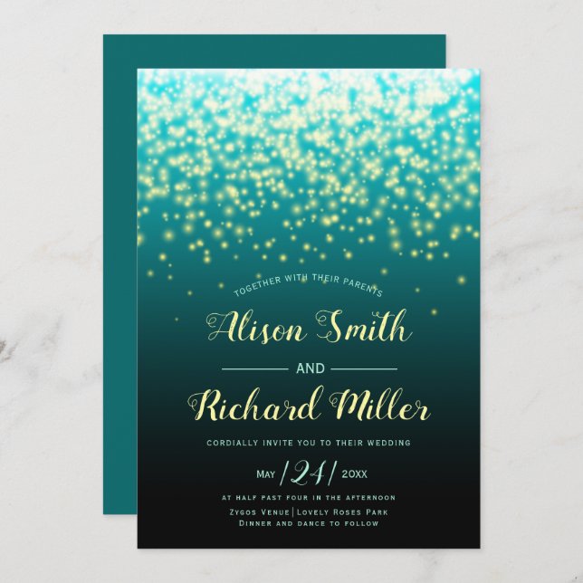 Sparkling lights teal blue winter wedding invitati invitation (Front/Back)