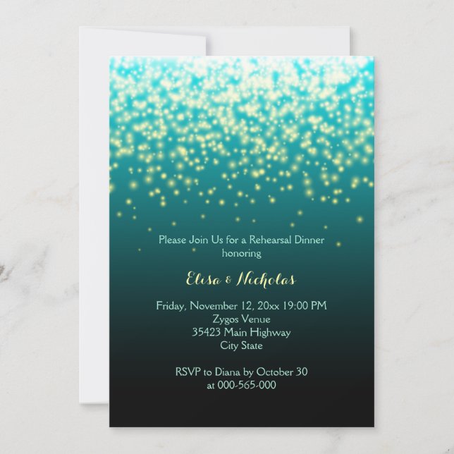 Sparkling lights teal wedding rehearsal dinner invitation (Front)
