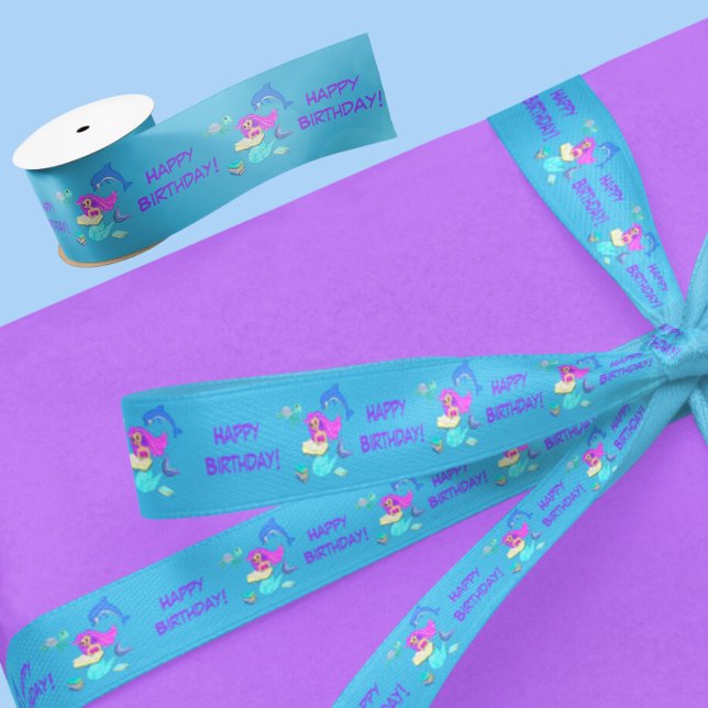 Sparkling Mermaid Reading Books Happy Birthday Satin Ribbon (Wrap up birthday wishes with our Sparkling Mermaid Reading Books Happy Birthday Satin Ribbon!)
