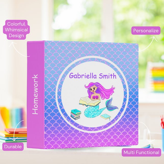 Sparkling Mermaid Reading Books Personalize 3 Ring Binder (Make school magical with this personalized Mermaid binder! Stay organized and inspired while diving )