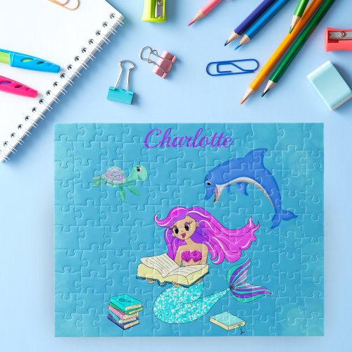 Sparkling Mermaid Reading Books Personalize  Jigsaw Puzzle