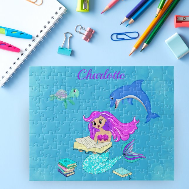 Sparkling Mermaid Reading Books Personalize  Jigsaw Puzzle (Piece together your imagination with our Sparkling Mermaid Reading Books Personalized Puzzle!)
