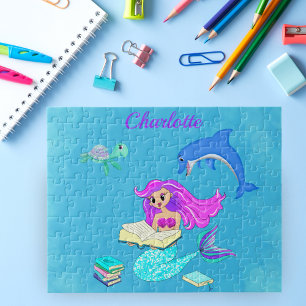 Sparkling Mermaid Reading Books Personalize Jigsaw Puzzle