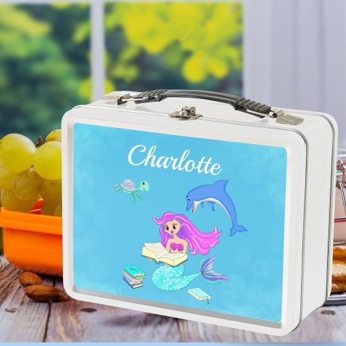 Sparkling Mermaid Reading Books Personalize  Metal Lunch Box