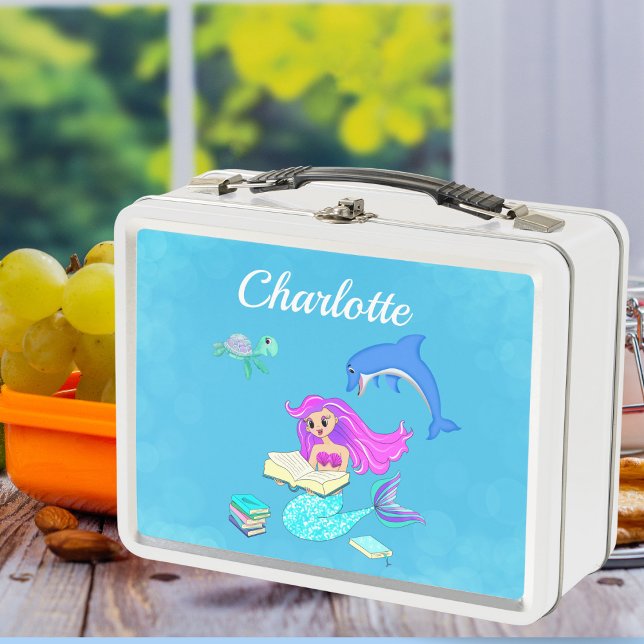 Sparkling Mermaid Reading Books Personalize  Metal Lunch Box (Take a dip into imagination with our Sparkling Mermaid Reading Books Personalized Metal Lunch Box!)
