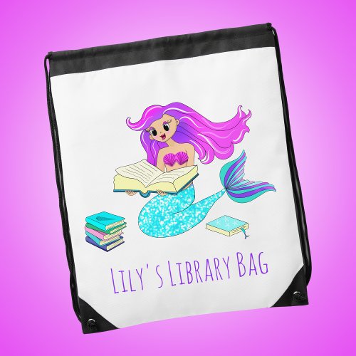 Sparkling Mermaid Reading Library Books Kids Name Drawstring Bag