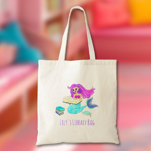 Sparkling Mermaid Reading Library Books Kid's Name Tote Bag