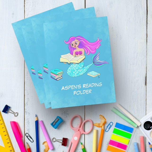 Sparkling Mermaid With Eyeglasses Name Read Pocket Folder (Organize with a splash! Mermaid Personalized Folders make school and home 'fin'-tastic!)