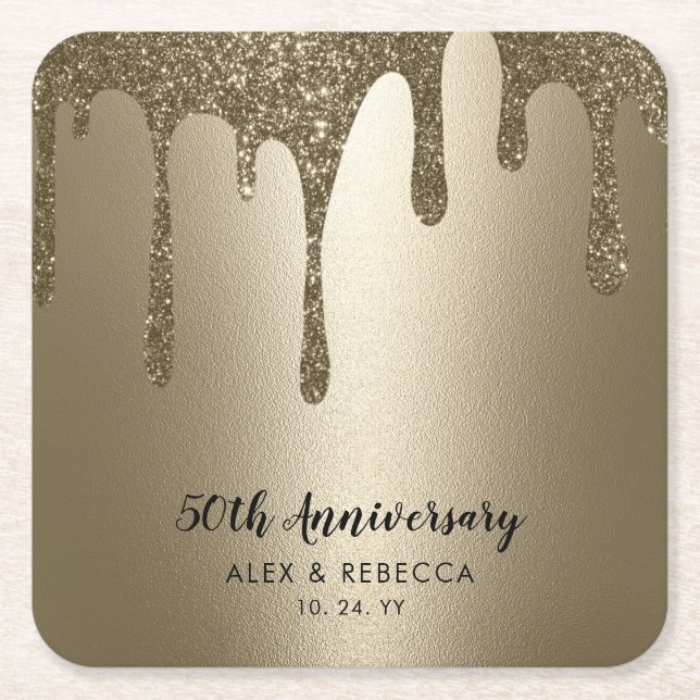 Sparkling Metallic Gold Drips 50th Anniversary  Square Paper Coaster (Front)
