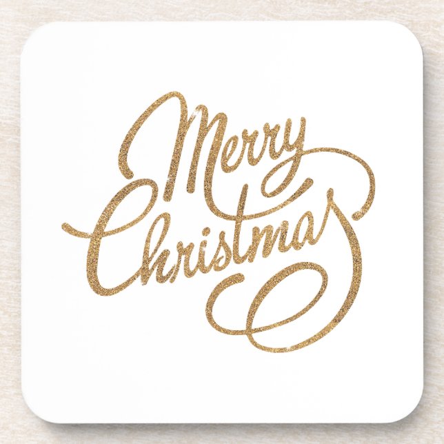 Sparkling Minimalist Gold Merry Christmas Phrase Beverage Coaster (Front)
