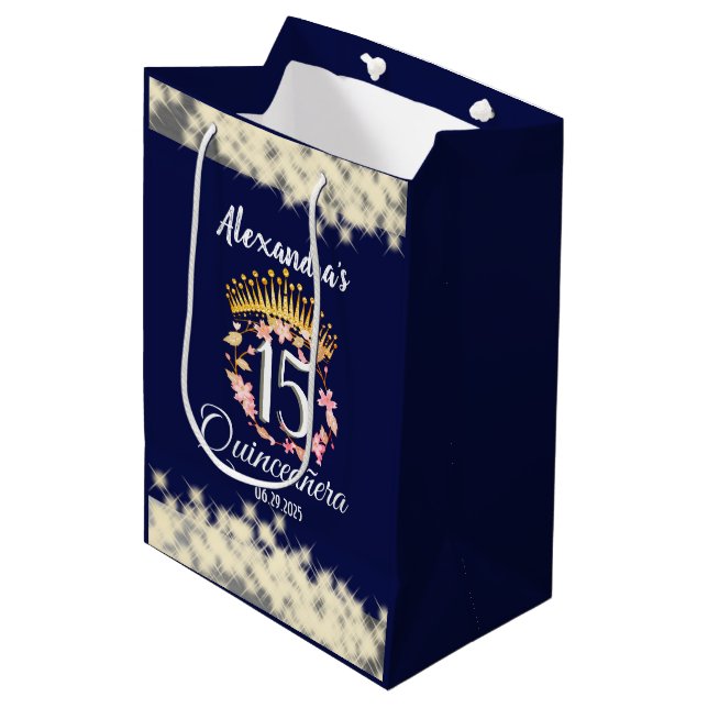 Sparkling Navy Blue Spanish Quinceanera  Medium Gift Bag (Front Angled)