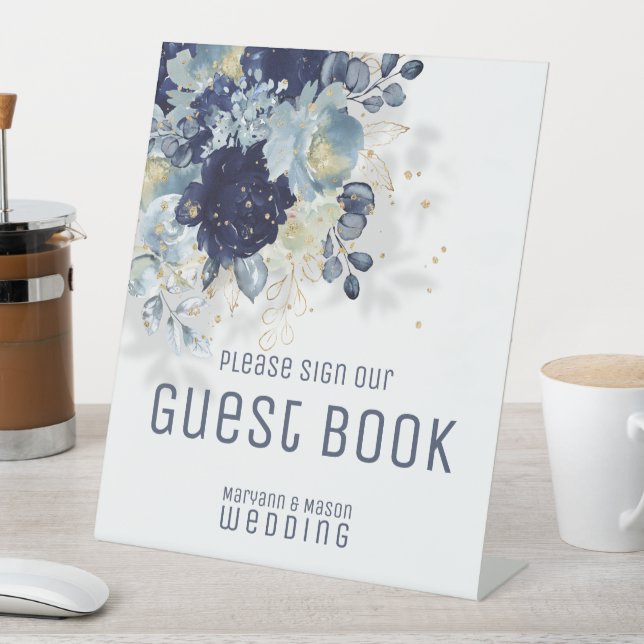 Sparkling Navy & Dusty Blue Guest Book Pedestal Sign (In SItu)