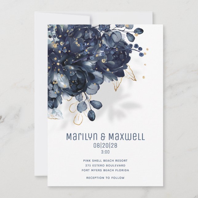 Sparkling Navy White & Gold Wedding Announcement (Front)