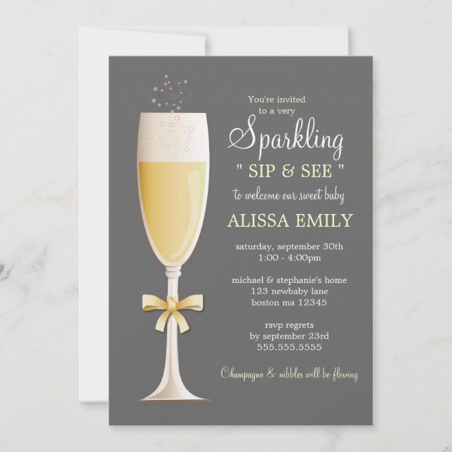 Sparkling New Baby  Sip and See in Gray | Yellow Invitation (Front)
