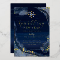 Sparkling New Years Eve Party Navy Gold Watercolor Foil Holiday Card
