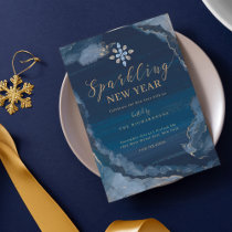 Sparkling New Years Eve Party Navy Gold Watercolor Holiday Card