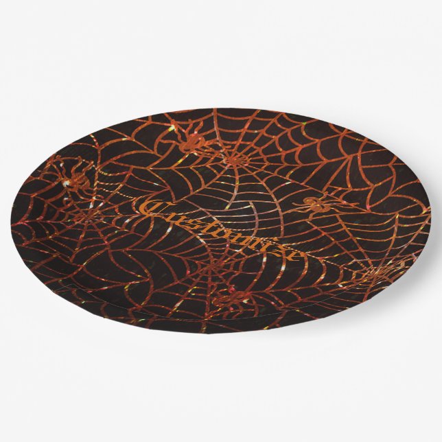 Sparkling Orange Spider Webs Paper Plates (Angled)