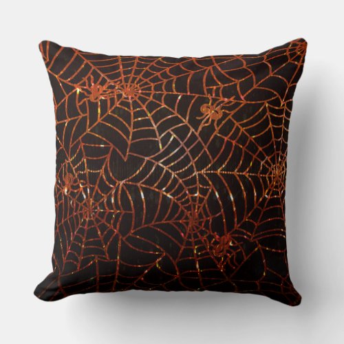 Sparkling Orange Spider Webs Throw Pillow