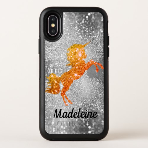 Sparkling Orange Unicorn on Silver Glitter OtterBox Symmetry iPhone XS Case