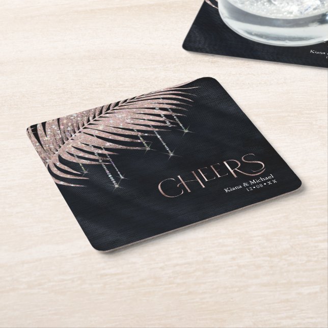 Sparkling Palm Leaves Pattern Gold ID831 Square Paper Coaster (Angled)