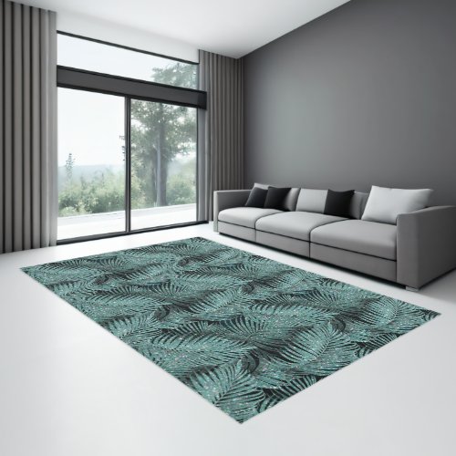 Sparkling Palm Leaves Pattern Teal ID831 Rug