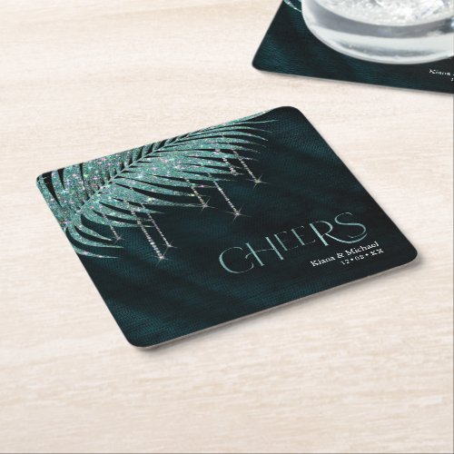 Sparkling Palm Leaves Wedding Cheers Teal ID830 Square Paper Coaster