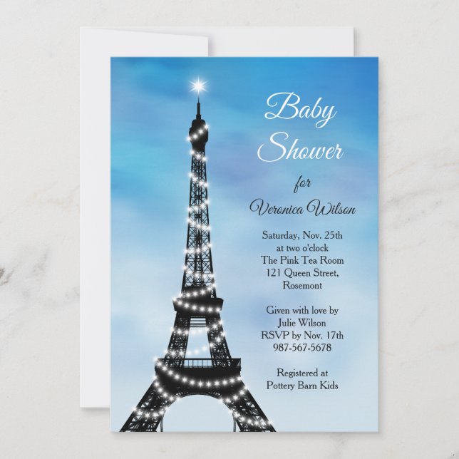 Sparkling Parisian Baby Shower Invitation blue (Front)