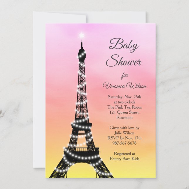 Sparkling Parisian Baby Shower Invite pink/yellow (Front)