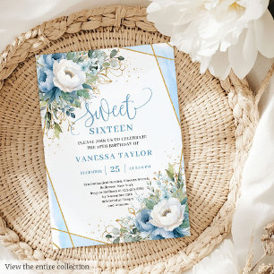 Sparkling Pastel Blue White Floral Sweet 16 Invite