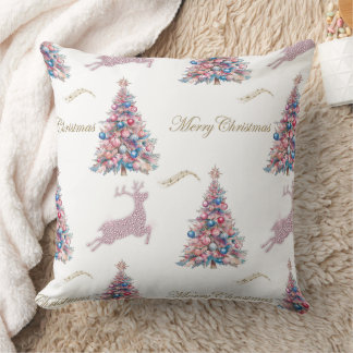 Sparkling Pastel Christmas Trees and Reindeer Throw Pillow