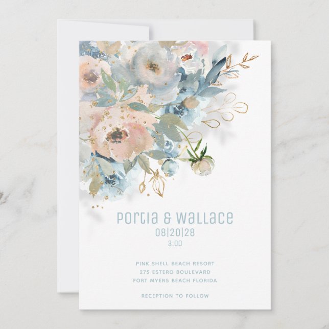 Sparkling Peach Blush & Dusty Blue Modern Wedding Announcement (Front)