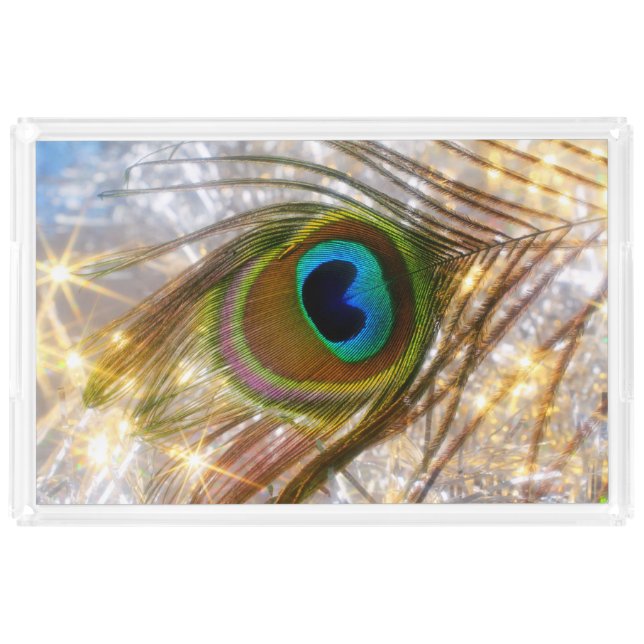 Sparkling Peacock Feather Acrylic Serving Tray (Front)