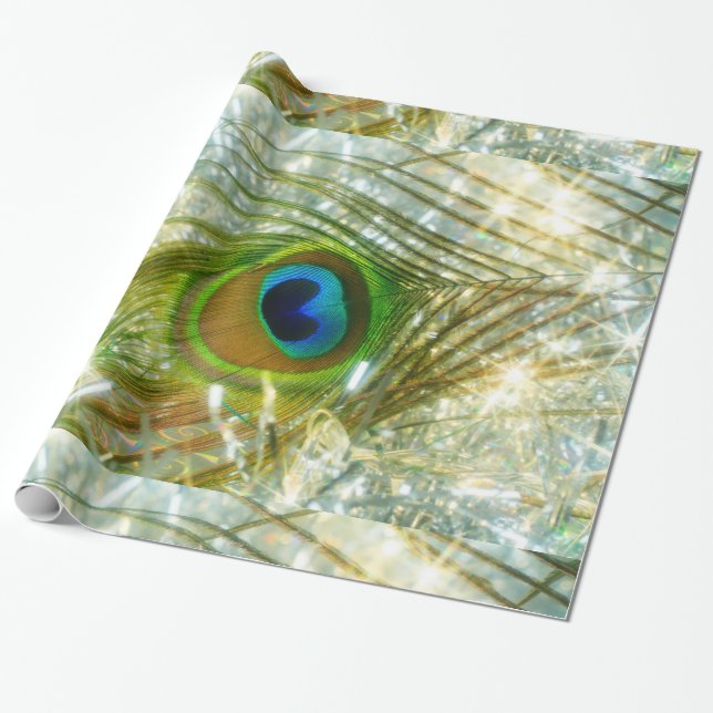 Sparkling Peacock Feather Wrapping Paper (Unrolled)