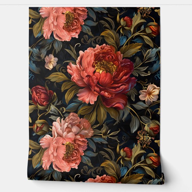 Sparkling Peony Noel Botanical Wallpaper (Unrolling)