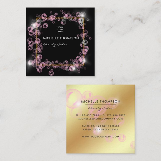  Sparkling Pink and Gold Soap Bubble Beauty Salon Square Business Card (Front/Back)