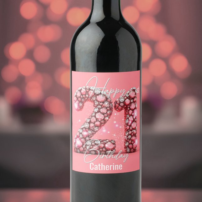 Sparkling Pink and White Gemstones 21st Birthday Wine Label (Creator Uploaded)