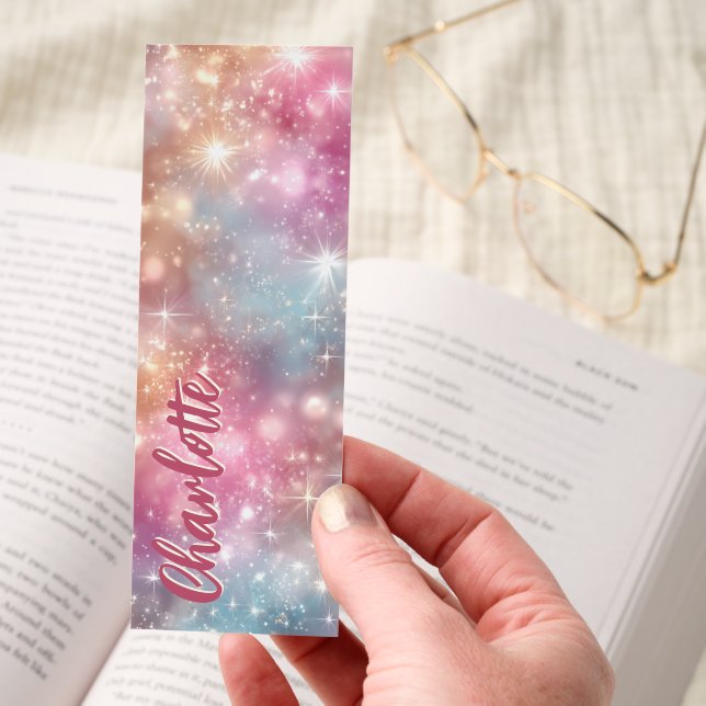 Sparkling Pink Blue Galaxy Stars Personalized Bookmarks (Hand)
